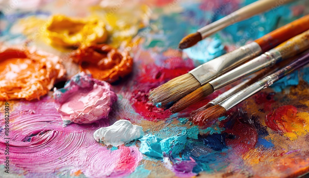 Obraz premium A close-up shot of a wooden palette with paint and brushes, ideal for creative work