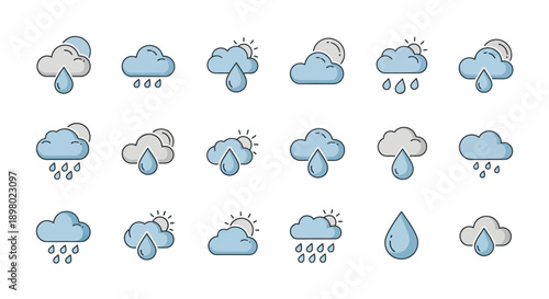 Set of weather icons with clouds, sun, and rain in a flat design style.