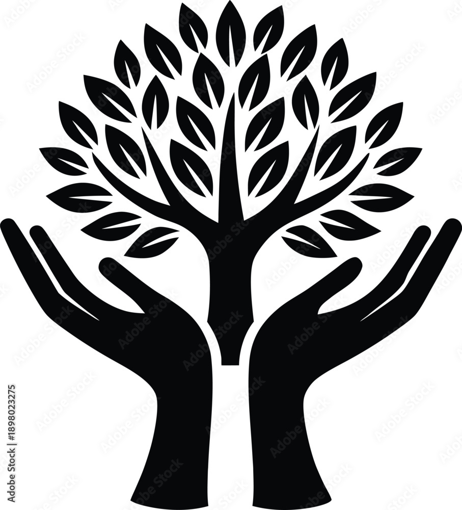 Obraz premium Black silhouette of hands cupping a stylized tree with leaves
