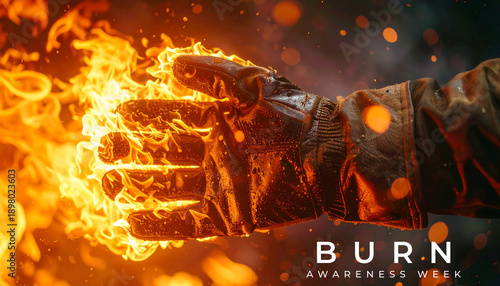 Burn Awareness Week, educating communities on scald hazards and first aid. Firefighter Hand with Flames and Fire Concept.