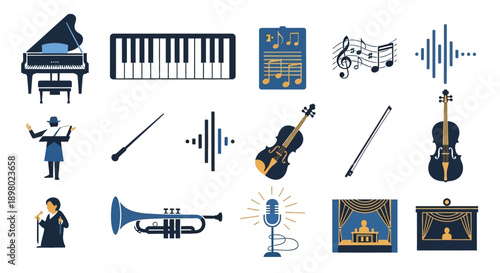 A collection of musical instruments, symbols, and figures related to classical music and performance, including pianos, violins, trumpets, conductors, and stages.