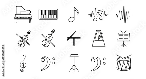 A collection of black and white line art icons representing various musical instruments, symbols, and concepts like piano, violin, notes, clefs, and drums.