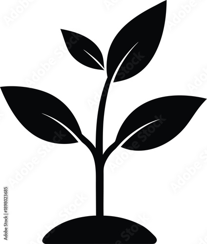 Minimalist black seedling silhouette with three leaves emerging from soil mound vector graphic