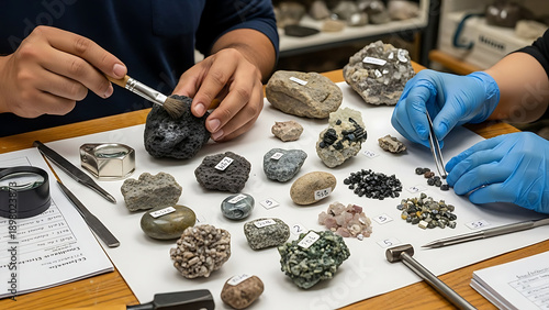 Geology Lab Researchers Examining Rocks and Minerals on White Paper