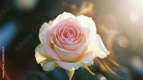 Cream and blush pink rose blooming in dreamy vintage analog film. Valentines Day