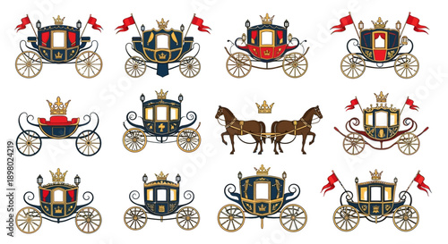 A collection of ornate royal carriages and horse-drawn vehicles, featuring crowns, flags, and intricate gold detailing on various colored bodies, presented as vector illustrations.