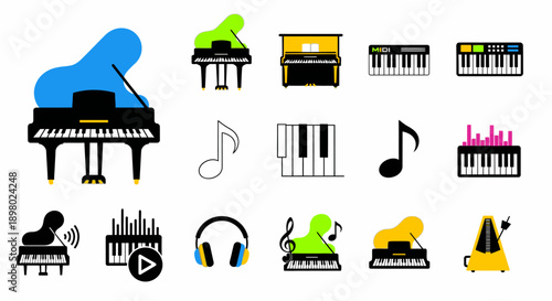 Collection of flat design icons featuring various musical instruments like grand pianos, digital keyboards, musical notes, headphones, and a metronome.