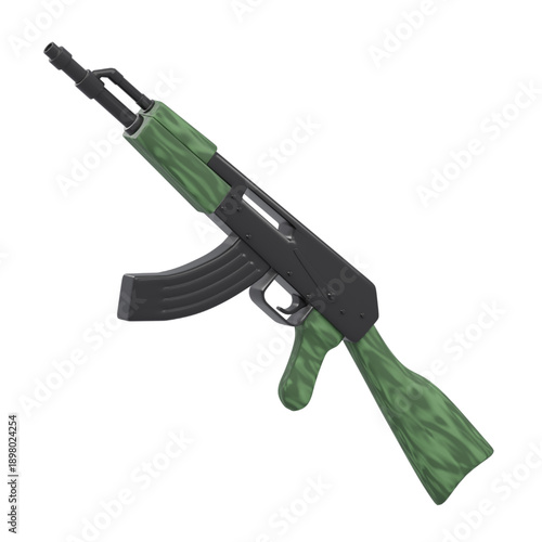 A realistic 3D model of an assault rifle with a green wooden stock and black metal components, isolated on a white background
