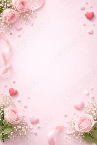 Vertical romantic Valentine's Day floral frame with pink roses and hearts for social media stories with copy space