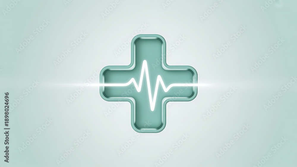 Obraz premium Futuristic digital health cross symbol with glowing heartbeat pulse line representing medical technology innovation advanced healthcare and life science research with a clean
