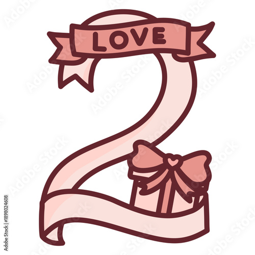 Number two numeral wrapped in a banner ribbon with the word LOVE outline