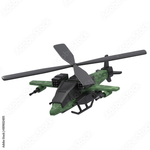 Military Attack Helicopter With Camouflage Green Texture and Weapons Mounted on a White Background