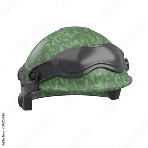 Military-style protective headgear with camouflage pattern and dark visor, designed for safety and tactical operations