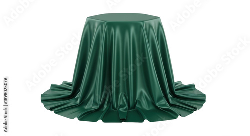 Εκτύπωση καμβά Elegant emerald green silk fabric draped over a round table isolated PNG, luxuri