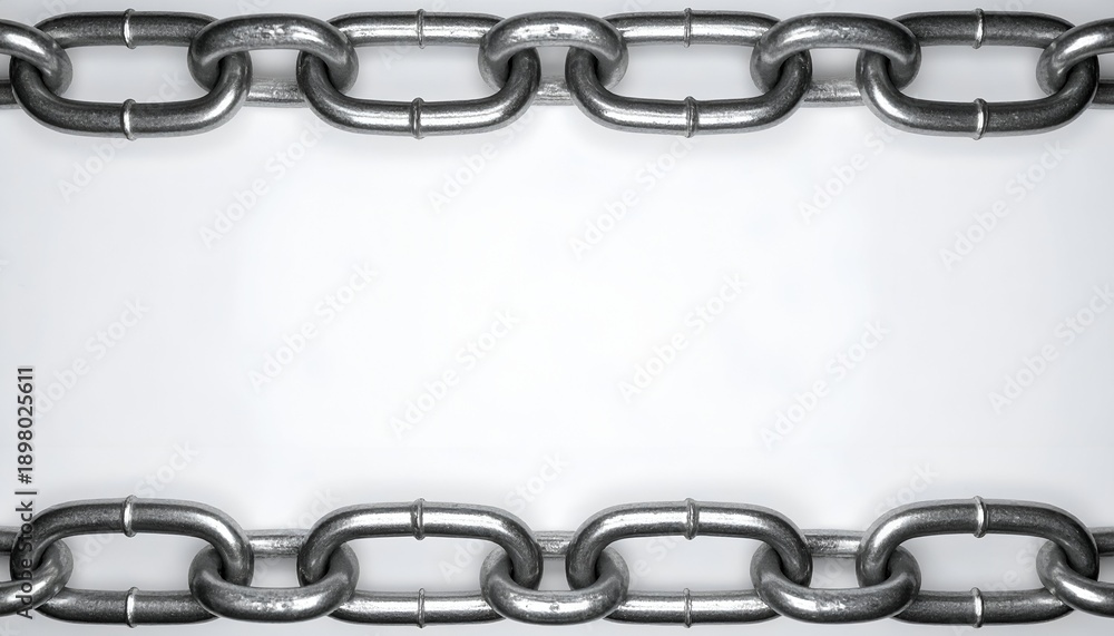 Fototapeta premium Two metal chains frame a white space, suggestive of connection