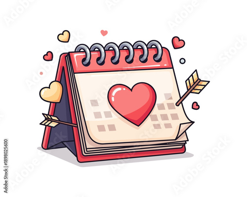 A cute cartoon illustration of a desk calendar with a large red heart, surrounded by smaller hearts and pierced by Cupid's arrows, symbolizing love and Valentine's Day.