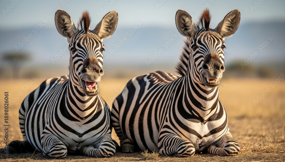 Naklejka premium Zebras in the Savannah: Two zebras lounge on the golden savannah, their distinctive black and white stripes a striking contrast against the warm, earthy tones of the landscape.