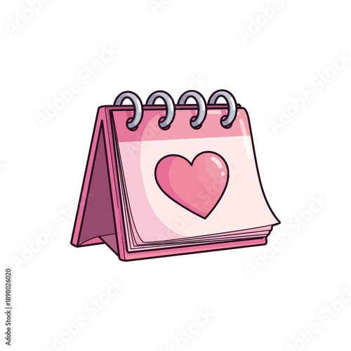 A cute pink desk calendar with a heart symbol on the page, representing love, special dates, or events in a cartoon style.
