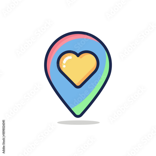 A colorful cartoon location pin icon with a yellow heart inside, symbolizing a favorite place or love for a location.