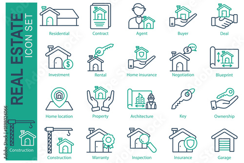 Real estate icon set. Line icon style. Containing icon residential, rental, deal and more. Real estate element vector illustration