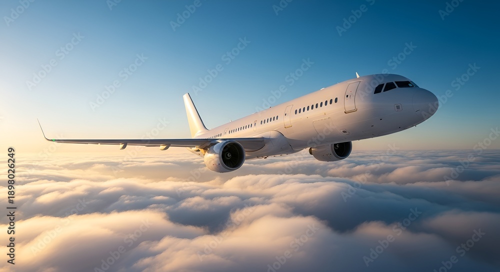 Obraz premium A commercial airplane flying high above the clouds in a clear blue sky