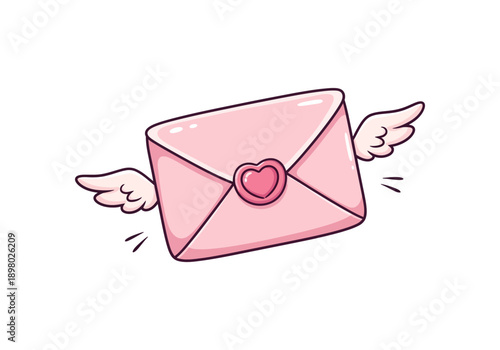 A cute pink flying love letter envelope with heart seal.