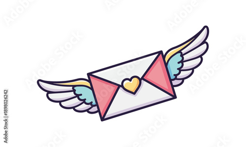 Cute cartoon illustration of a white envelope with pink edges and a yellow heart seal, flying with whimsical wings against a white background.