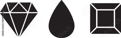 Black silhouette icons of various faceted gemstones and a smooth teardrop shape