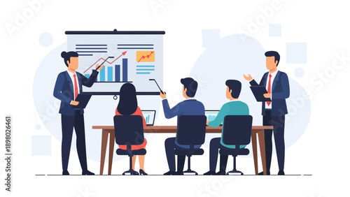 Business meeting, presentation and team collaboration in office with charts.