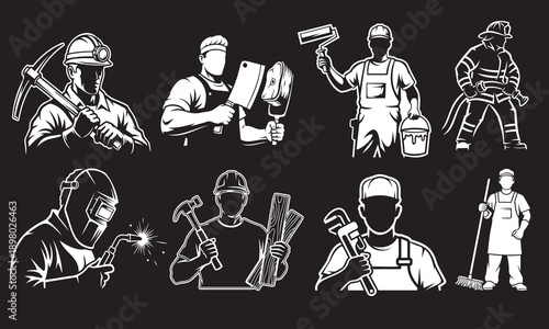 Set of eight icons representing different professions and trades miner with pickaxe, butcher, painter, firefighter, welder, construction worker with hammer, worker with tools, and worker with shovel