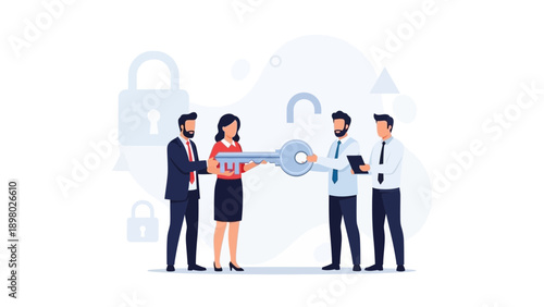 Business partners exchanging a large key, representing success and partnership