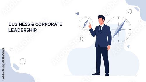 Business leader pointing at compass, strategy and direction in corporate world