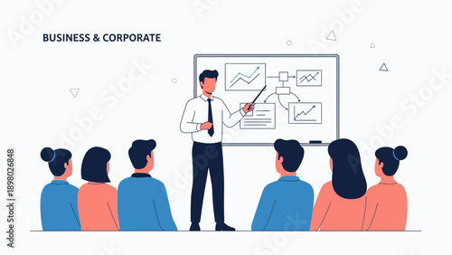 Business meeting with presentation on whiteboard, team listening