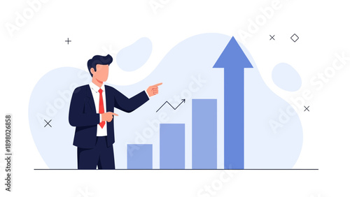 Businessman pointing at rising arrow graph, business growth concept