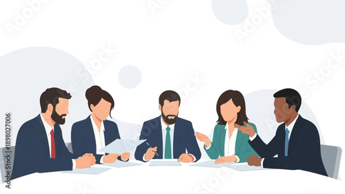 Diverse business team in a meeting, discussing strategy around a table.