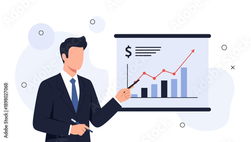 Businessman presenting financial growth chart on whiteboard
