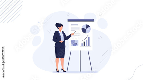 Businesswoman Presenting Financial Data on Flip Chart with Graphs and Charts