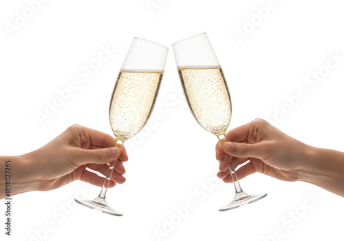 Two hands clinking champagne flutes filled with bubbly celebratory drink on transparent background