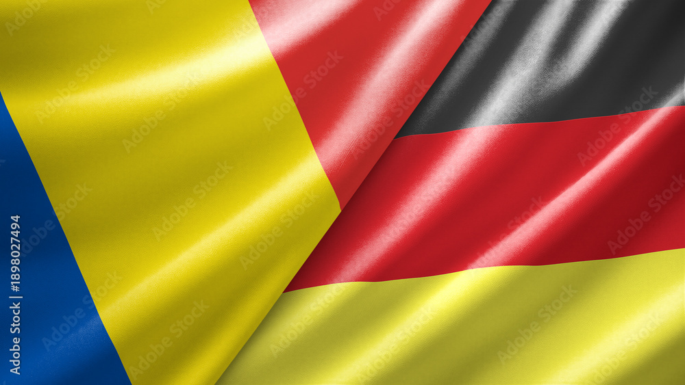 Obraz premium Romania and Germany two national flags filling the entire frame, close-up view, edge-to-edge composition