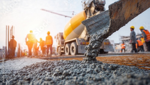 Concrete being poured from a truck, workers in the background. Construction site setting, bright sunlight