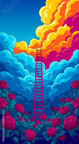 Vibrant vector illustration depicting an alien desert canyon landscape, with towering cliffs, a majestic ringed planet, and a distant moon in the cosmic sky