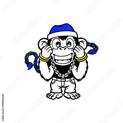 A cheerful cartoon monkey wearing a blue beanie, gold chain, and braided pigtails, with a wide grin and hands near its ears.