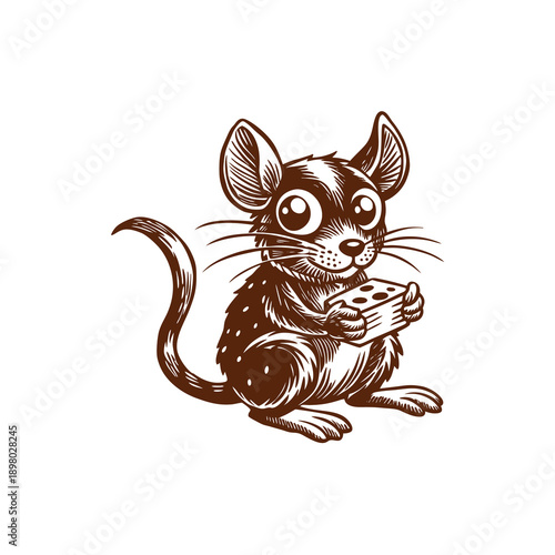 A cute cartoon mouse with big eyes holding a block of Swiss cheese, depicted in a vintage woodcut style.