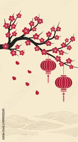 Beautiful spring floral vector illustration featuring elegant red cherry blossoms and festive Asian lanterns with falling petals, perfect for cultural celebrations