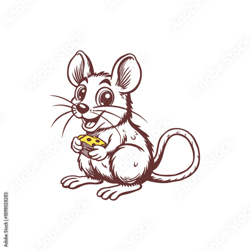 A happy cartoon mouse holding a piece of cheese, drawn in a detailed sketch style with a cheerful expression.