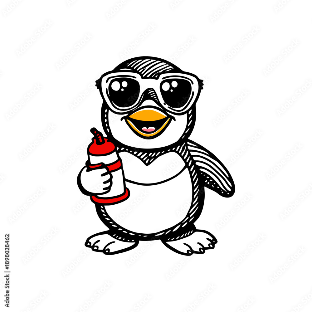 Fototapeta premium A cool cartoon penguin wearing sunglasses and holding a red and white squeeze bottle.