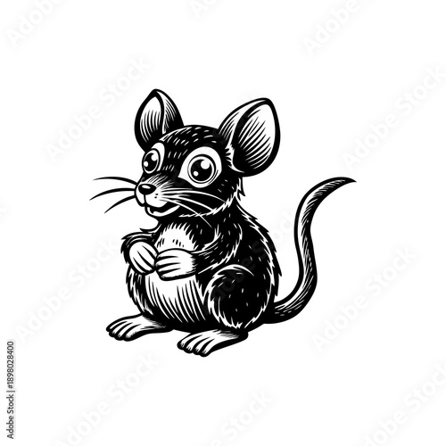 A detailed black and white illustration of a cute, cartoonish mouse with large eyes and prominent ears.