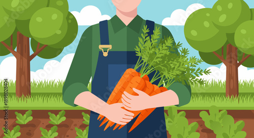 Cheerful farmer harvesting fresh organic carrots from a bountiful garden, a vibrant vector illustration showcasing sustainable agriculture and healthy food production