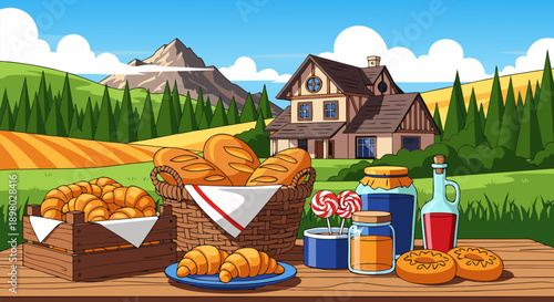 Rural breakfast spread vector illustration baked goods, honey, and jam on a wooden table, with a charming farmhouse, green fields, and distant mountains