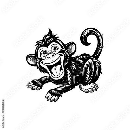 A black and white cartoon illustration of a happy, playful monkey with wide eyes and an open mouth.